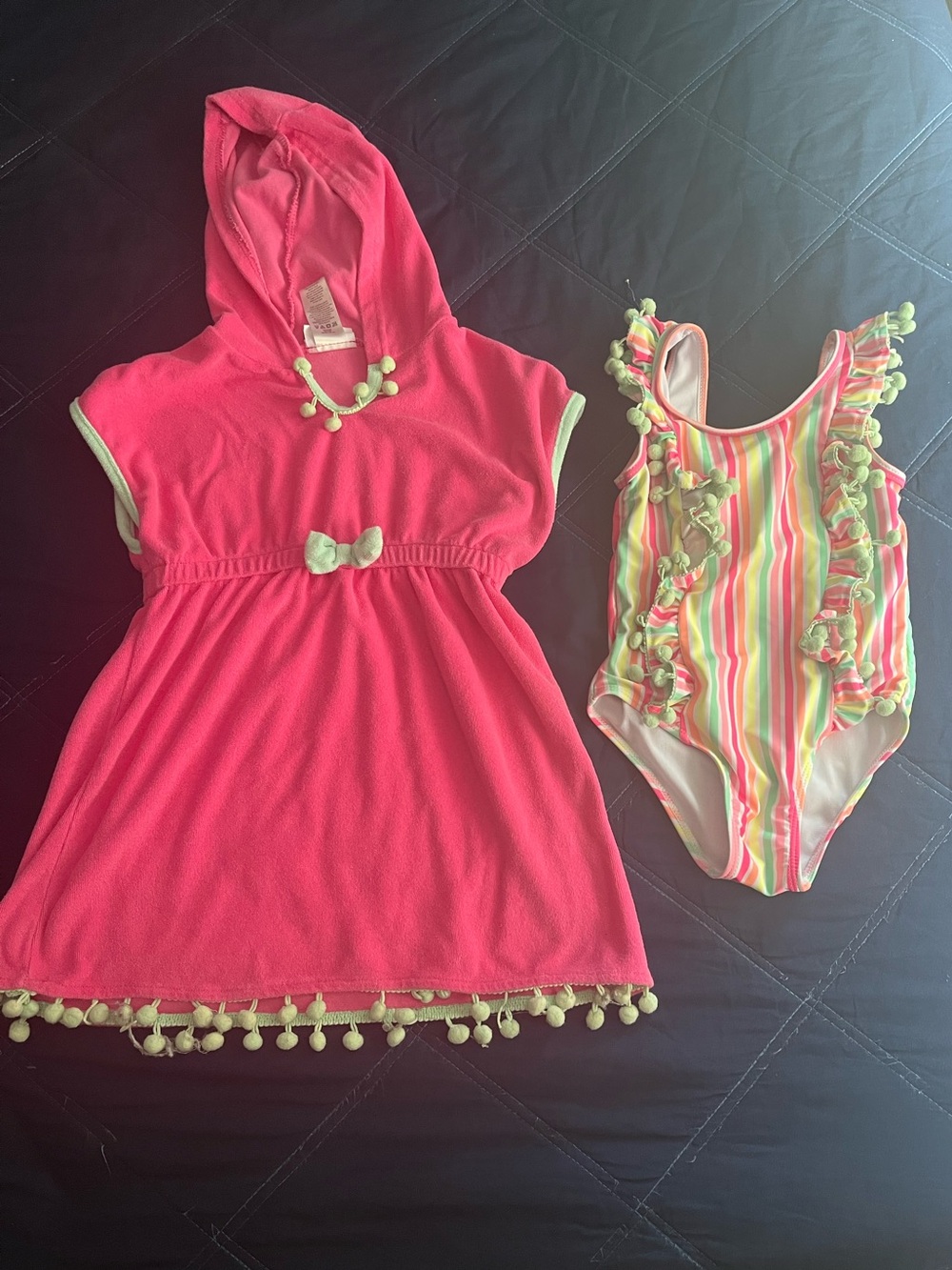 Nicole Miller Pink Hooded Pom Pom Cover-Up with Striped Ruffle Swimsuit